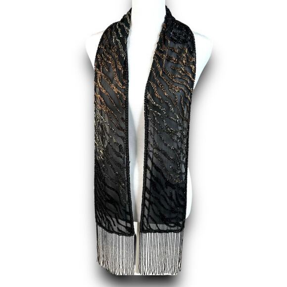 Chicos Beaded Fringe Scarf Semi Sheer Black Brown Tiger Stripe Approx 56"x6" - Picture 1 of 8